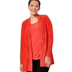 Susan Graver Regular Burnout Knit Cardigan and Tank Set FLASH CORAL NWOT SIZE XS